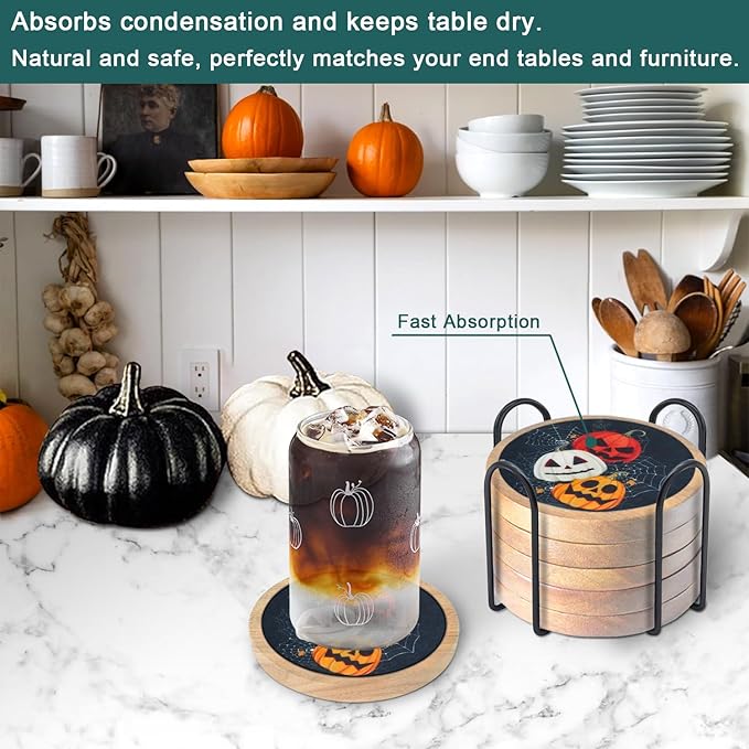 Halloween Coasters Set of 6, Pumpkins Coaster, Minacun Black Absorbent Coasters with Holder Halloween Thanksgiving Themed Party Decoration 4.3 Inch