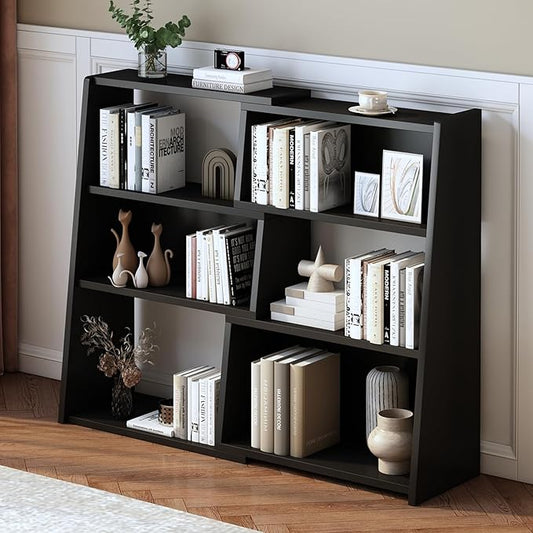 IOTXY Wooden Extendable Shelf Bookcase - 3-Tier Ladder Low Short Bookshelf for Small Space or Corner, Black, S