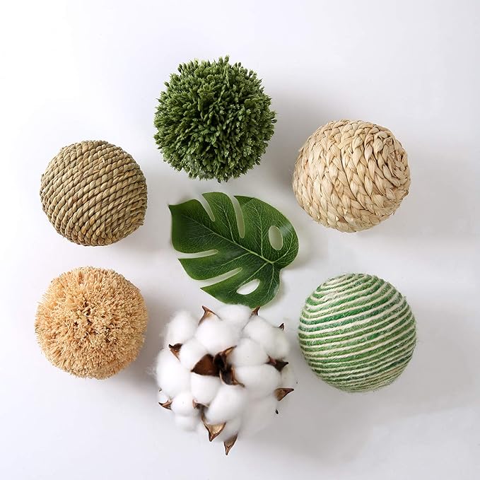 6pcs 3.5inch Woven Wicker Rattan Balls Decorative Ball Twig Orbs Green Orbs Vase Bowl Filler for Tabletop Decor