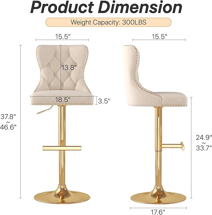 Bar Stools Set of 4, Velvet Swivel Counter Height Stools with Tufted Back, Adjustable Seat with Nailheads Trim, Upholstered Bar Chairs with Gold Base for Kitchen Island, Pub, Beige