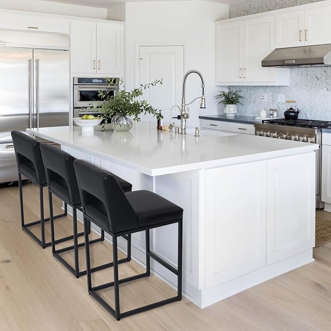 Counter Height Black Bar Stools Set of 3 for Kitchen Counter Modern Bar Chairs with Backs for Kitchen Island with Upholstered Faux Leather Seat and Metal Frame, 26 Inch