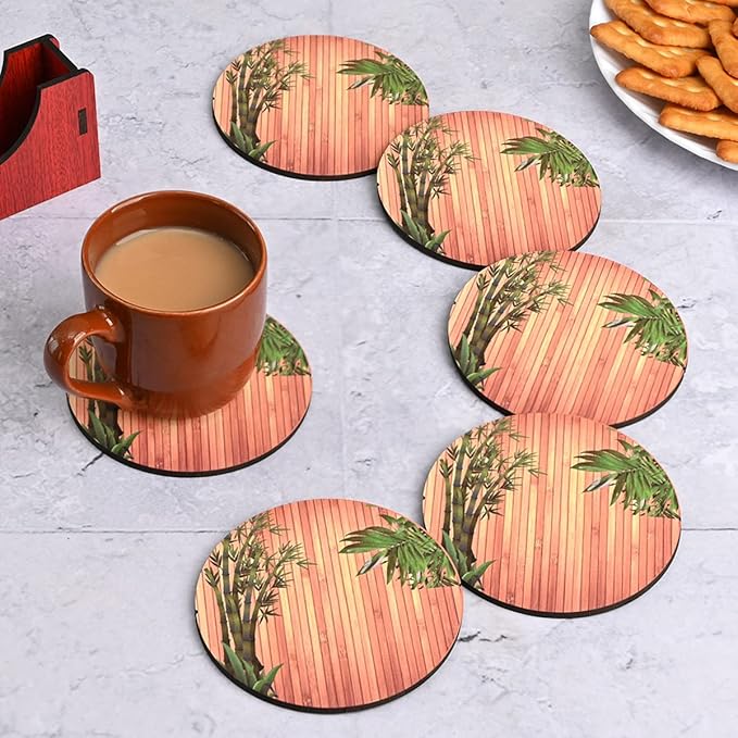 GKD Wooden Coasters for Drinks, MDF Wooden Coasters Set of 6 with Holder, 3.5 inches Eco-Friendly Absorbent Coaster for Coffee Table, Office, Bar, Drinking Glasses, Tabletop Protection