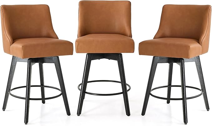 Vipbear Counter Height Bar Stools Set of 3, 26" H Swivel Bar Stools with Backs, PU Leather Upholstered Bar Chairs with Solid Wood Legs for Kitchen Island, Dining Room, Home Bar, Brown