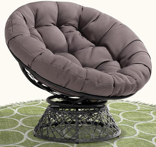 Bme 40" Ergonomic Wicker Papasan Chair with Soft Thick Density Fabric Cushion, High Capacity Steel Frame, 360 Degree Swivel for Living, Bedroom, Reading Room, Lounge, Smoky Quartz - Black Base
