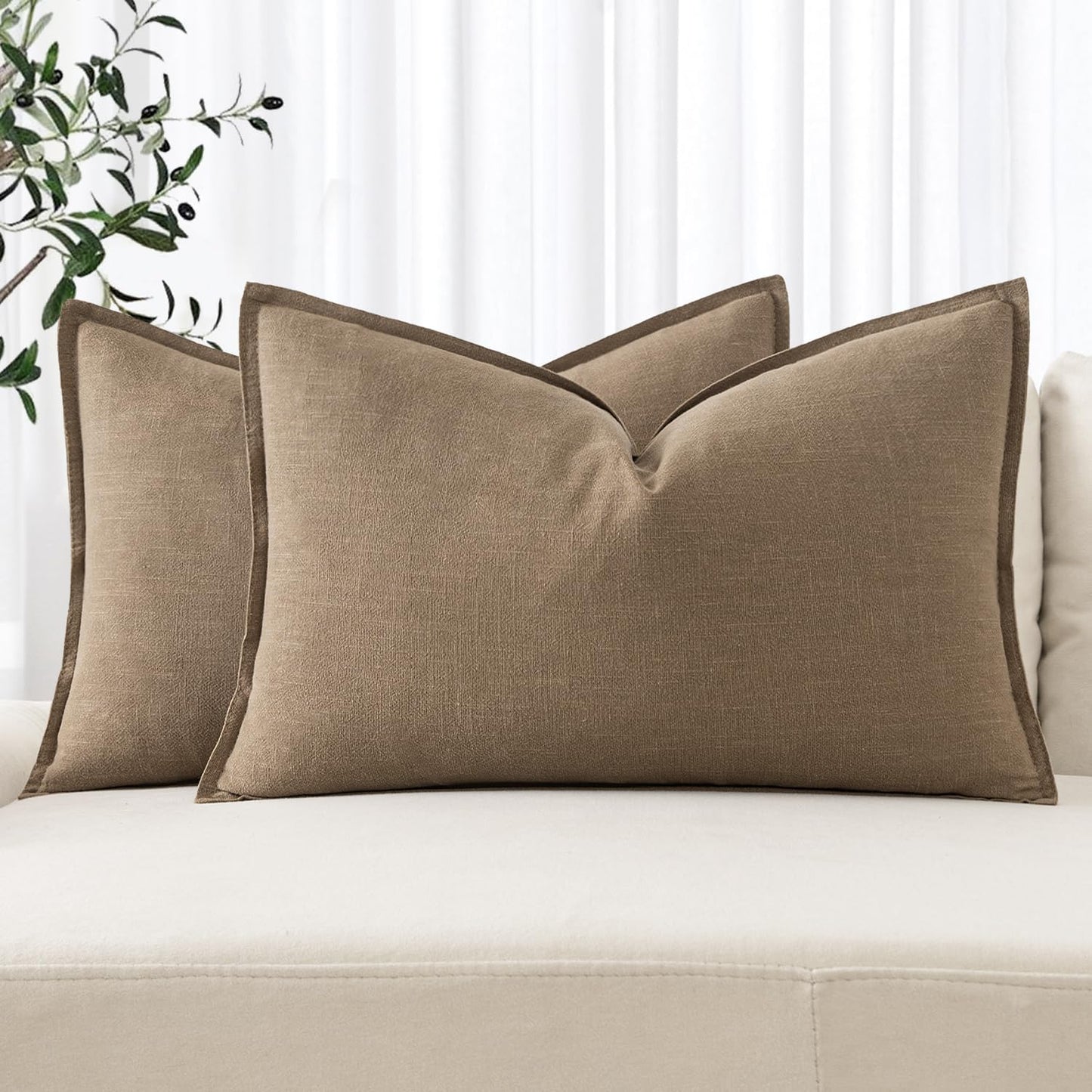 MIULEE Decorative Linen Lumbar Pillow Covers 12x20 Inch Khaki Boho FarmhouseNeutral Couch Throw Pillows for Bed Pack of 2 Accent Modern Pillowcase Sofa Livingroom Home Decor