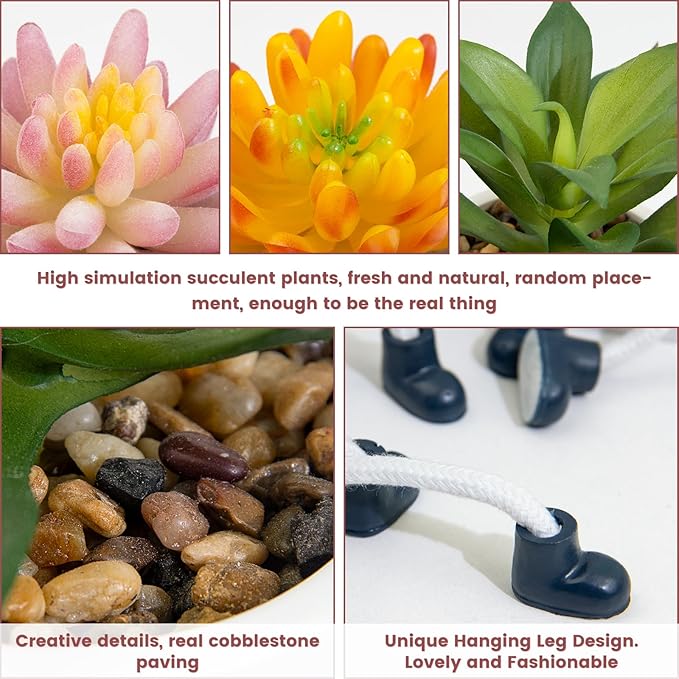 3 Pcs Cute Fake Plant Mini Potted Succulents with Hanging Leg White Pot Creative Artificial Succulent Plants in Funny Pot Faux Succulents for Home Office Shelf Desk Decor and Gift Choice