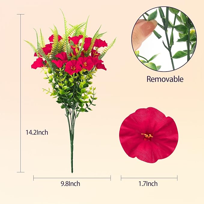 Artificial Flowers Outdoors 12 Bundles Artificial Petunias Fake Flowers UV Resistant Shrubs Plants with Fern for Indoor Outside Hanging Planters Home Garden Summer Decorations(Rose Red)