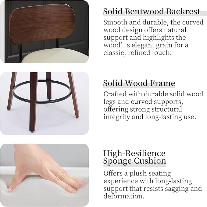 Counter Stools Set of 4, 26 inch Swivel Counter Height Bar Stools with Walnut Back,Upholstered PU Leather, Bentwood Legs, Mid Century Modern Bar Chairs for Kitchen Island, Beige
