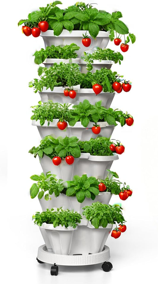 Strawberry Planters, 7 Tiered Vertical Stackable Planter, Herb Stacking Tower Garden, Flower and Vegetable Planters with Support Pole Indoor and Outdoor with Removable Wheels - White