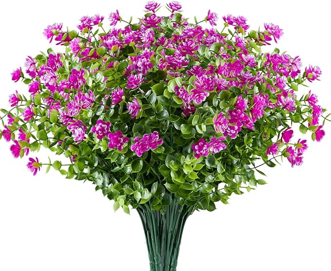 6PCS Artificial Eucalyptus Flowers, Fake Artificial Greenery UV Resistant No Fade Faux Plastic Plants for Wedding Bridle Bouquet Indoor Outdoor Home Garden Kitchen Office Table Vase(Fuchsia)