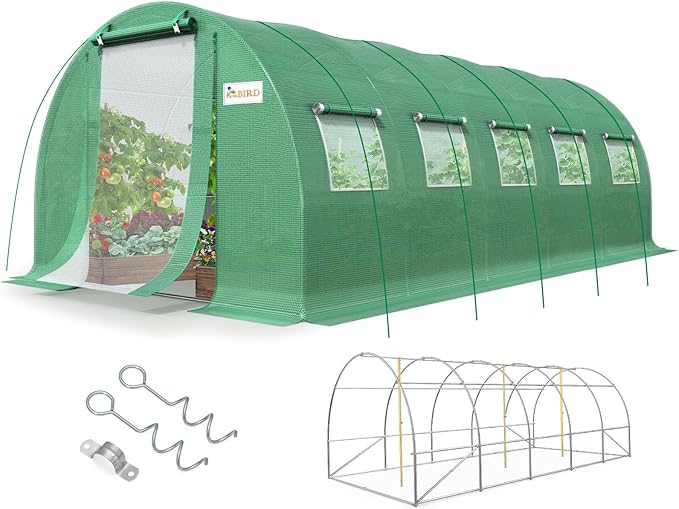 KING BIRD Premium 25x10x6.6FT Greenhouse for Outdoors, Large Walk-in Heavy Duty Galvanized Steel Frame, Mesh Door Screen Window Upgraded Zipper Tunnel Hoop for Garden Plant Winter, Green