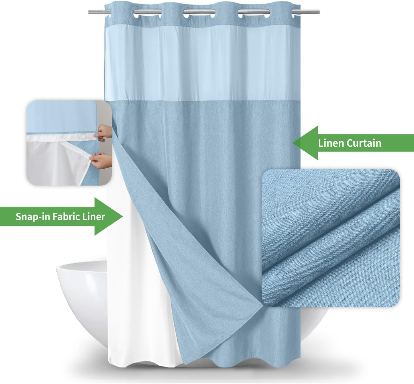 Stall No Hooks Needed Linen Textured Shower Curtain with Snap-in Fabric Liner Set,Hotel Luxury Decor Farmhouse Shower Curtains for Bathroom,Waterproof & Washable,54Wx80H,Fog Blue