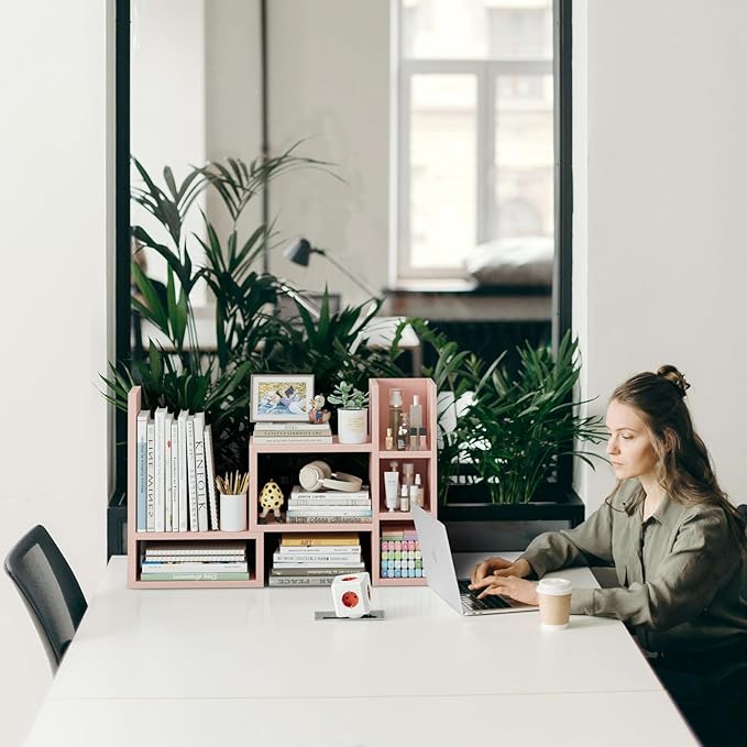 Desk Shelves Desktop Orgnizer Shlef - Pink Office Organization for Top of Desk Organizers and Accessories Corner Bookshelf Table Top Shelving Small Hutch Decorations for Office