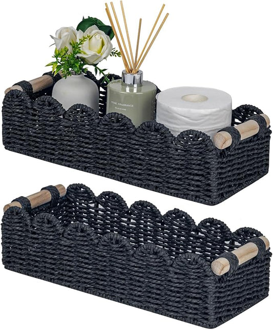 CubesLand Scalloped Edge Decor Basket for Living Room, Home, Bathroom, 2SAME SIZE Paper Rope Baskets, Toilet Storage Baskets for Over Toilet Storage Shelf, Cozy Woven Basket Both Storage&Decor, Black