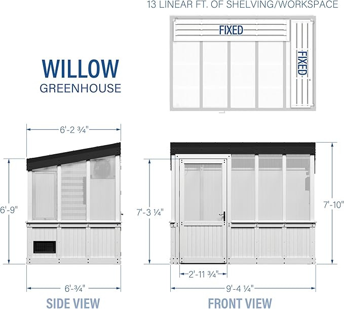 Backyard Discovery Willow 9' x 6' White Cedar Wood and Polycarbonate Walk-in Greenhouse Kit with Exhaust Fan, Windows, Hose Hook-Ups, PowerPort, Staging Shelves for Year-Round Outdoor Gardening