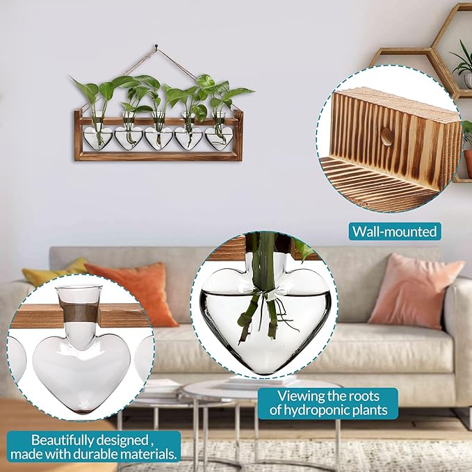 Plant Terrarium Hanging Propagation Stations Gift for Women Plant Lover air Plant Holder with Wooden Stand Heart Glass