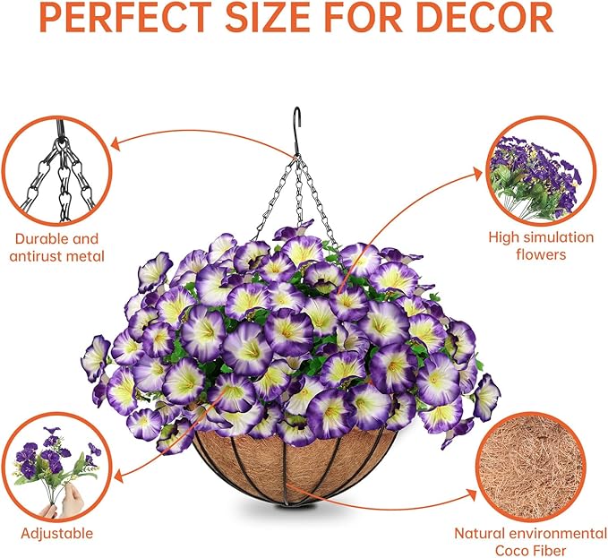 Artificial Hanging Flowers Basket, Fake Plants, Faux Silk Petunias Eucalyptus, for Spring Summer Outdoor Decoration, UV Resistant, Coconut Planter wtih Morning Glories, for Patio Garden Decor (Pruple)