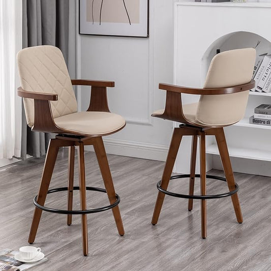 Bar Stools Set of 2, Upholstered Faux Leather Bar Height Bar Stools, Swivel Barstools with Wooden Arms and Legs (Beige, 30" Seat Height)