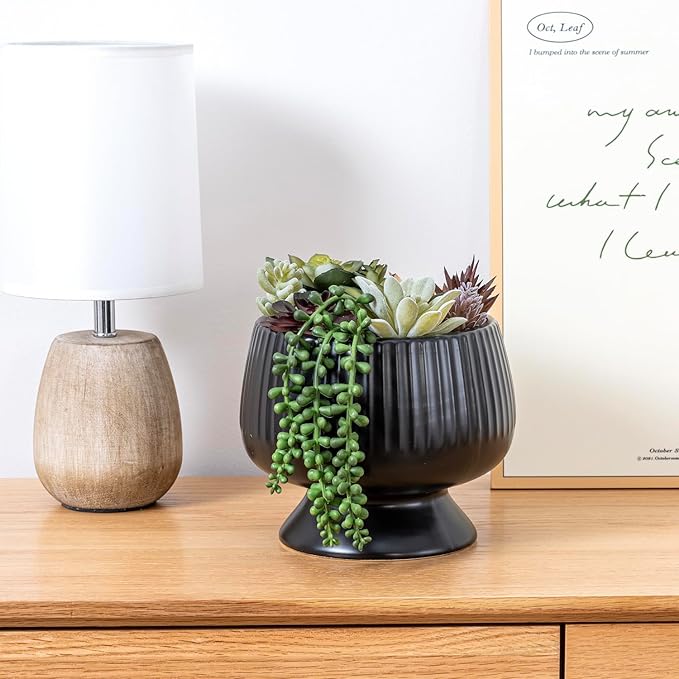 MyGift 8 Inch Modern Green Artificial Succulent Arrangement Potted in Matte Black Fluted Ceramic Round Planter, Decorative Plant Pot with Assorted Faux Mini Succulents