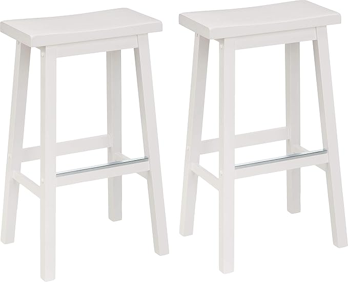 Amazon Basics Solid Wood Saddle-Seat Kitchen Counter Barstool with Footrest, Easy Assembly - 29-Inch Height - White - Set of 2