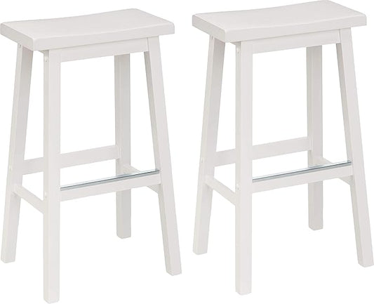 Amazon Basics Solid Wood Saddle-Seat Kitchen Counter Barstool with Footrest, Easy Assembly - 29-Inch Height - White - Set of 2