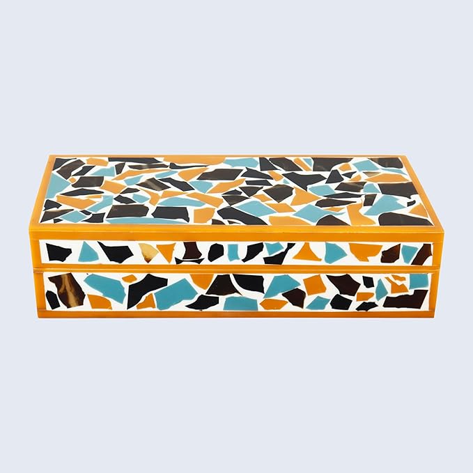 Handicrafts Home Handmade Mosaic Collection Decorative Jewelry Box Organizer – Keepsakes, Trinkets, and Home Decor – Antique Coffee Table Storage, Memory Box, Farmhouse Style Decor Gold, 10x4.5x2.5