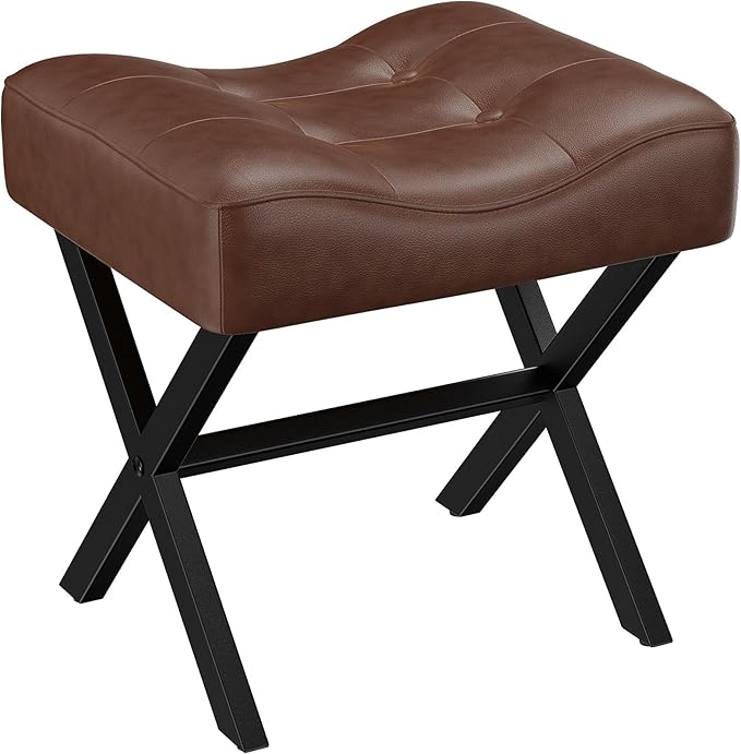 18-Inch Large Leather Vanity Stool, Vanity Chair with Metal X-Leg, Ottoman Accent Stool with Thick Padded Saddle Seat, Dark Brown
