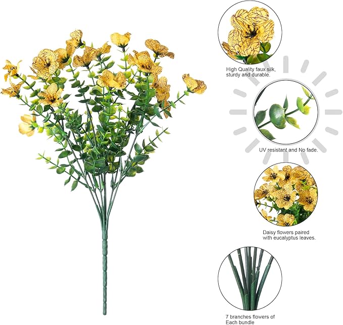 Artificial Fall Flowers Faux Mums for Outdoor Indoor Garden Home Decoration, Faux Flower Daisy with Eucalyptus Leaves Fake Plants Greenery Boxwood Porch Patio, 12 Bundles (Yellow)