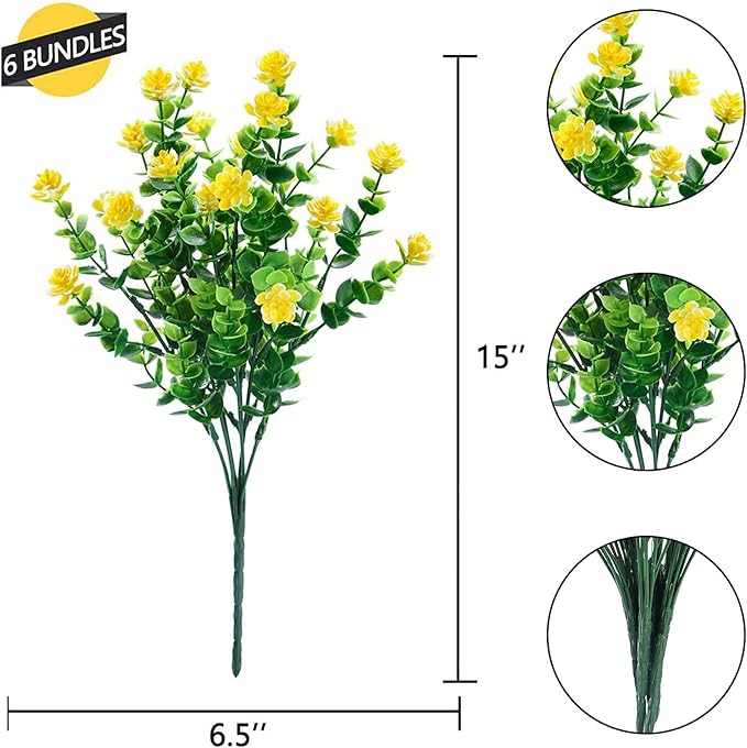GREENRAIN Artificial Flowers Outdoor Fake Flowers for Decoration UV Resistant No Fade Faux Plastic Plants Garden Porch Window Box Décor (6 Bundles, 2#Yellow)