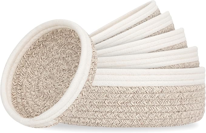 Small Shelf Storage Baskets for Organizing, 6 Pack Round Cotton Rope Bins, Decorative and Cute Woven Baskets for Bedroom and Closet, Key Tray Bowl, Home Decor Countertop Organizer (Brown Beige)