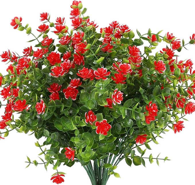 24PCS Artificial Flowers, Fake Artificial Greenery UV Resistant No Fade Faux Plastic Plants for Wedding Bridle Bouquet Indoor Outdoor Home Garden Kitchen Office Table Vase(Red)