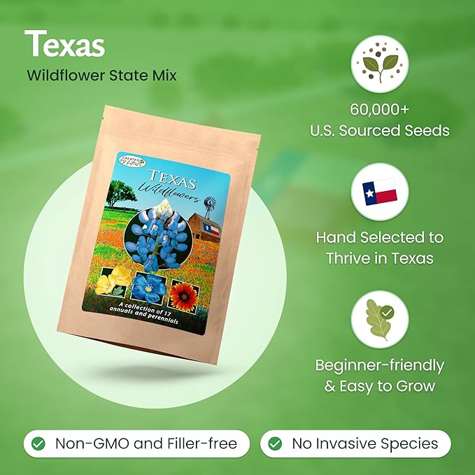 Created By Nature Texas Wildflower Seed Mix with Texas Bluebonnet Seeds, 17 Flower Varieties, 60,000+ Seeds