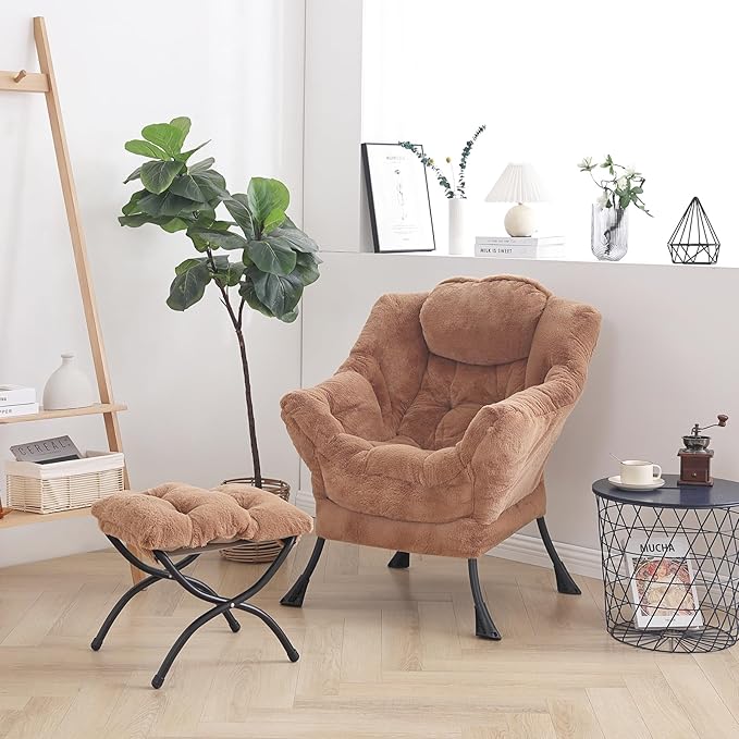 LITA Lazy Chair with Ottoman, Modern Accent Leisure Upholstered Sofa Chair, Lounge Reading Chair with Armrests and a Side Pocket for Living Room, Bedroom & Small Space, Plush Brown