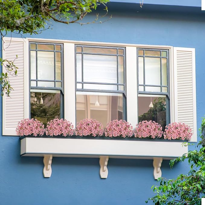 Outdoor Artificial Flowers 21 UV Resistant Bundles Fake Flower Plastic Plants Faux Silk Flowers Porch Hanging Garden Porch Window Box Decorating (Pink)