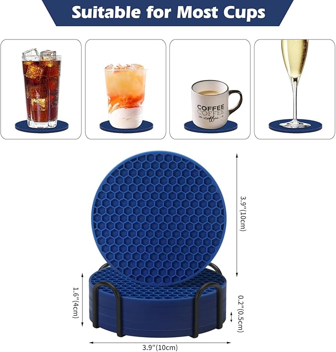 Coasters Set of 6 with Holder,Coasters for Drinks,Coffee Table Decor Coaster,Suitable for Kinds Cups,Anti-Slip,Non-Stick,Silicone Cup Coaster and Living Room Decor (6 Pcs, Navy Blue)