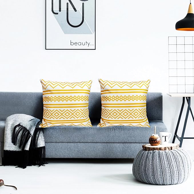 Decorative Throw Pillow Covers Set of 2 Chrome Yellow Boho Pillow Covers 16x16 Inch Throw Pillow Cover Linen Pillowcase Modern Farmhouse Outdoor Pillow Covers for Couch Sofa Bed Living Room