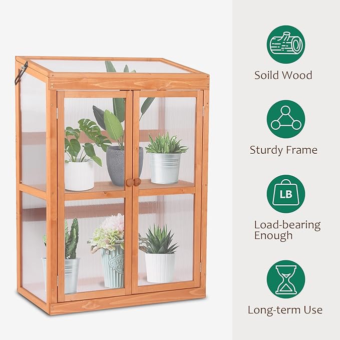 MCombo Wooden Cold Frame Greenhouse, Raised Flower Planter Shelf Protection for Outdoor Indoor Use, 0760 (Orange)
