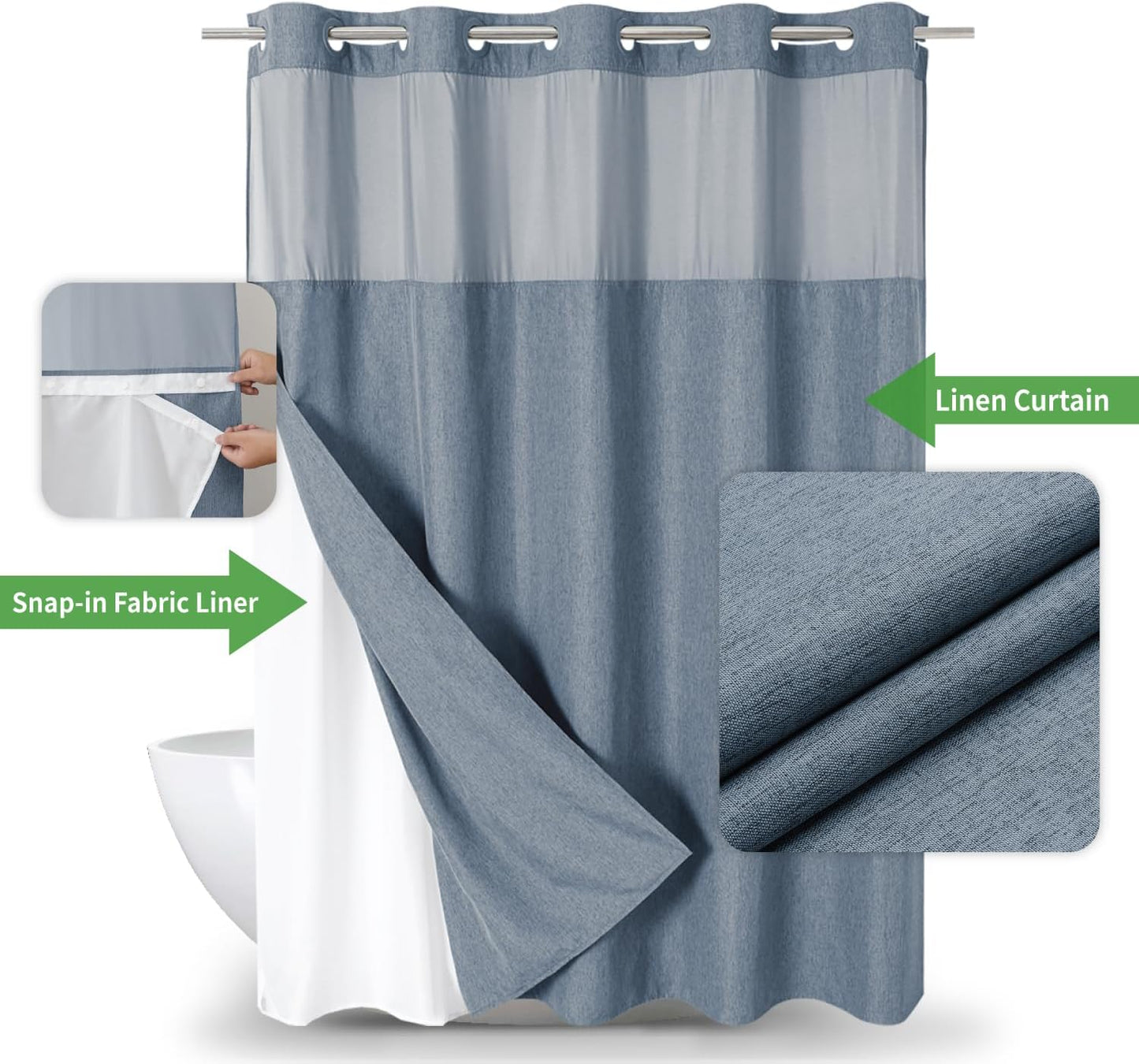 Extra Long No Hooks Needed Linen Textured Shower Curtain with Snap-in Fabric Liner Set,Blue Grey Hotel Luxury Decor Shower Curtains for Bathroom,Waterproof & Washable,71Wx86H
