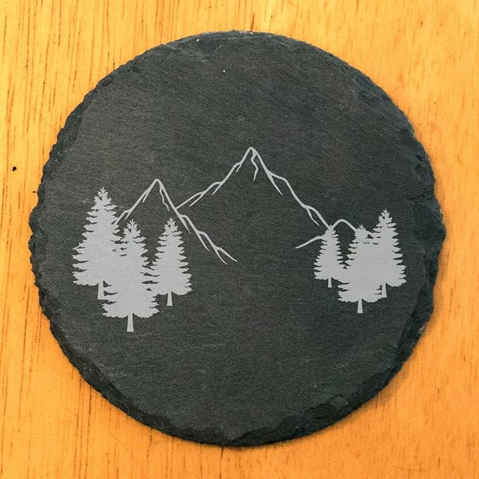 Mountain Majesty Slate Coasters with Stunning Mountain Scene Design - Perfect for Home and Office Decor and Protection of Surfaces, Available in Square or Round Coasters - Round Slate - Set of 4