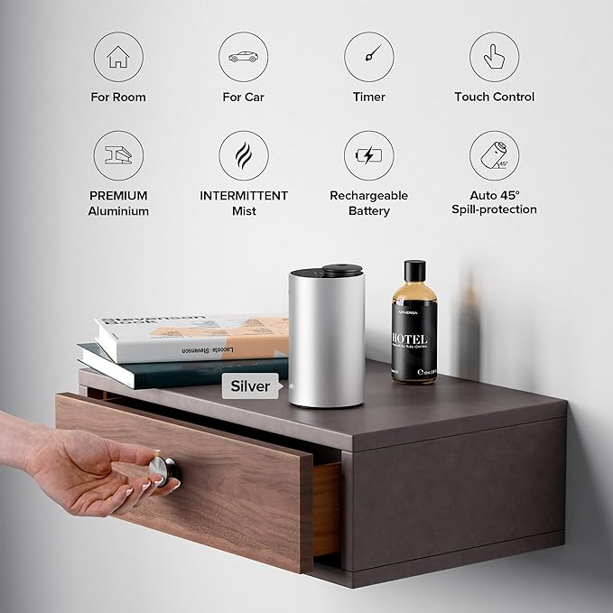 Airversa Waterless Essential Oil Diffuser for Home Aromatherapy Scent Diffusers with 3 Countdown Timer Settings or Timer-Off, 3 Mist Levels for Car Room Studio Office, ANX Premium Metal Mint