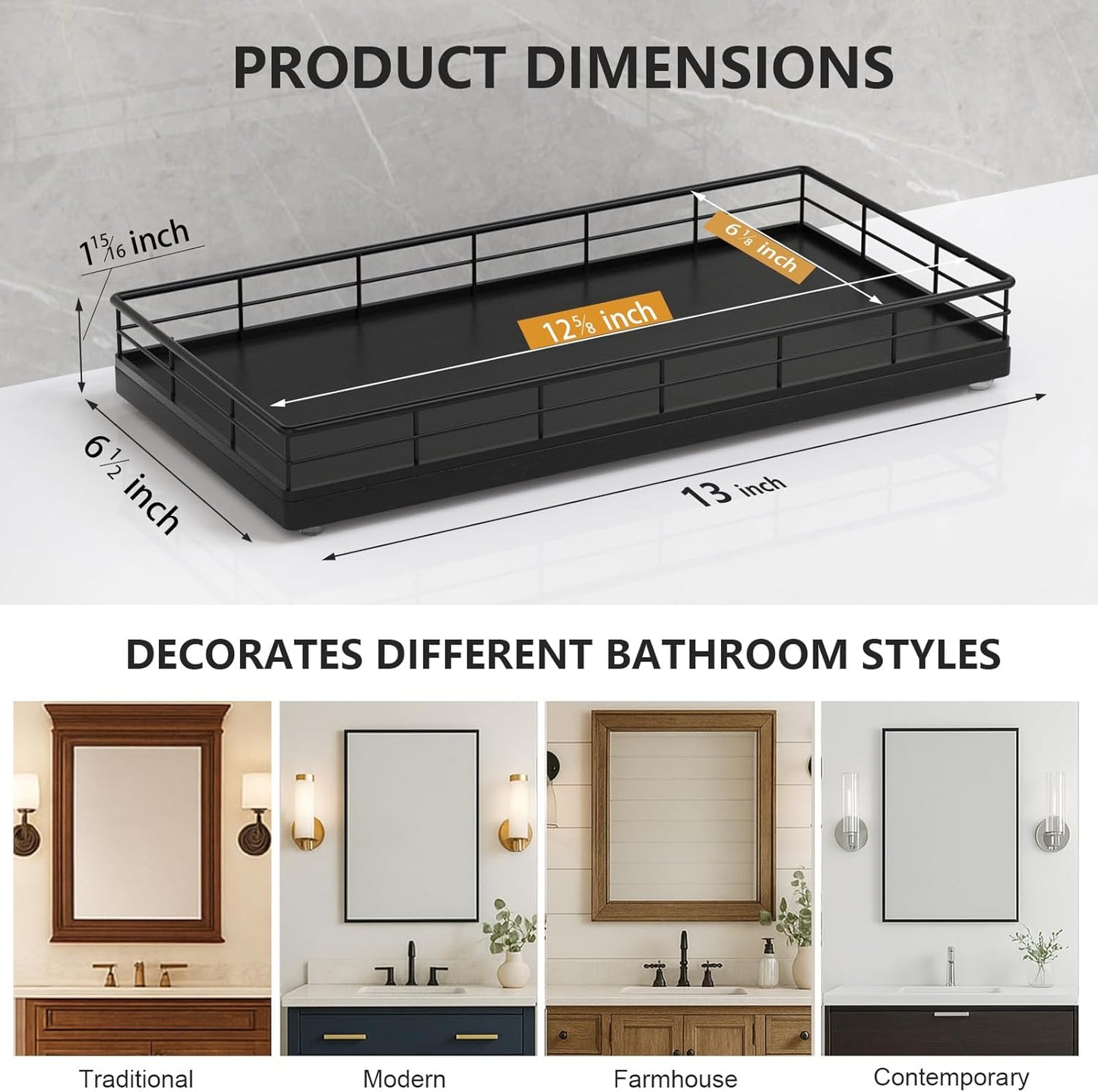 Toilet Paper Basket Organizer – Oak Wood Toilet Tank Tray with Metal Frame, Back of Tank or Top Bathroom Counter Storage – Black Modern Decor