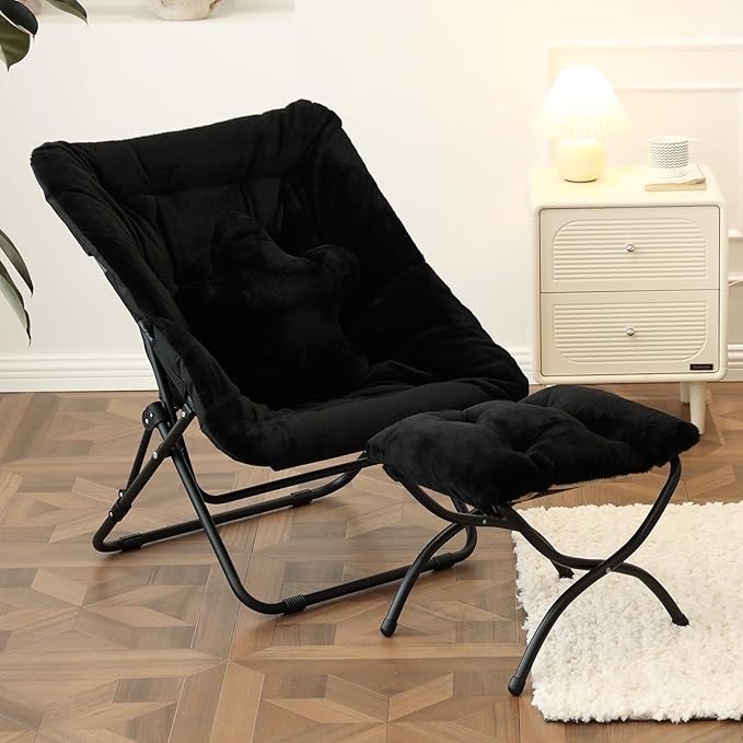 Welnow Comfy Saucer Chair with Ottoman, Oversized Folding Reading Chair for Adults with Throw Pillow Soft Faux Fur Lounge Chair for Bedroom Furry Accent Chair for Living Room, Dorm Rooms, Black