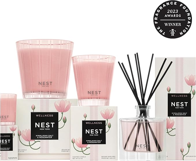 NEST New York Reed Diffuser, Himalayan Salt & Rosewater - 5.9 fl oz - Fragrance for Up to 90 Days - Reusable, Refillable Glass Holder - Includes 8 All-Natural Reed Sticks - Flame Free