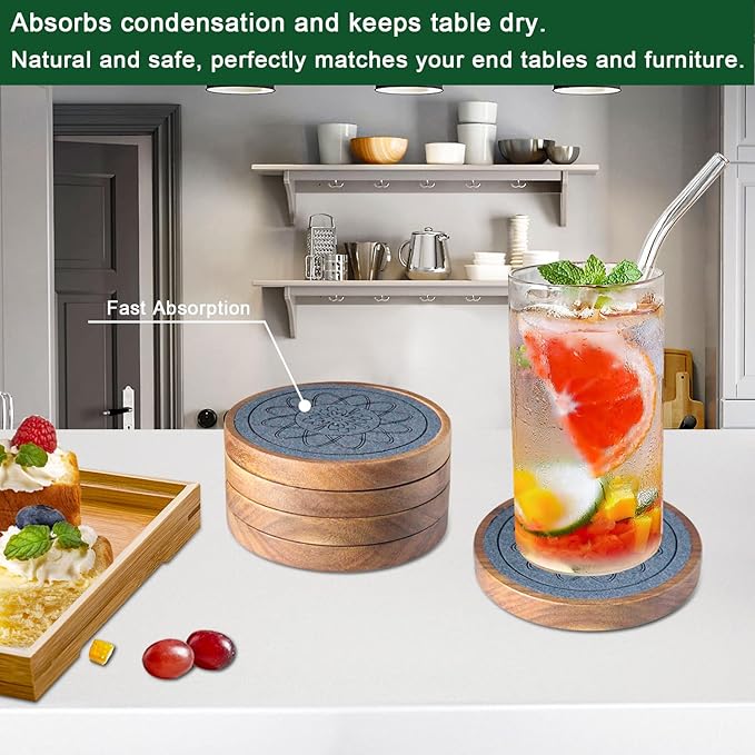 Wood Coasters for Drinks, Absorbent Coaster Sets of 5, Drinks Coasters for Coffee Tabletop Protection, Non-Slip, Non-Stick, Suitable for Kinds of Cups Wooden Table Hot or Cold Drink, 4.3 Inches