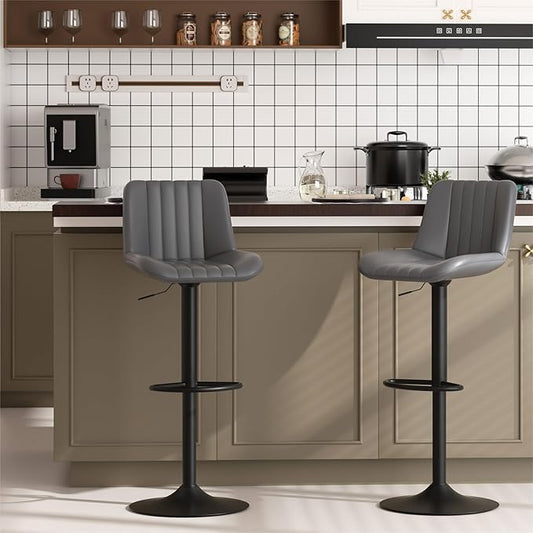 JAMFLY Bar Stools Set of 2, Swivel Bar Height Chairs Set of 2, Adjustable Tall Leather Bar Stools for Kitchen Island, Grey