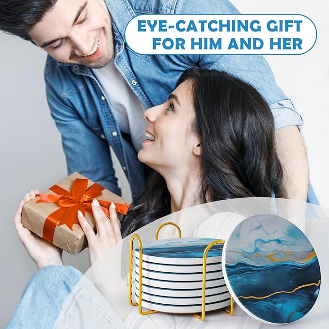 GOH DODD Coasters for Drinks Set of 8, Absorbent Marble Style Ceramic Coaster Tabletop Protection Home Decor with Metal Holder for Coffee Table, Housewarming Gifts Wedding Party, Blue, Round, 4 Inches