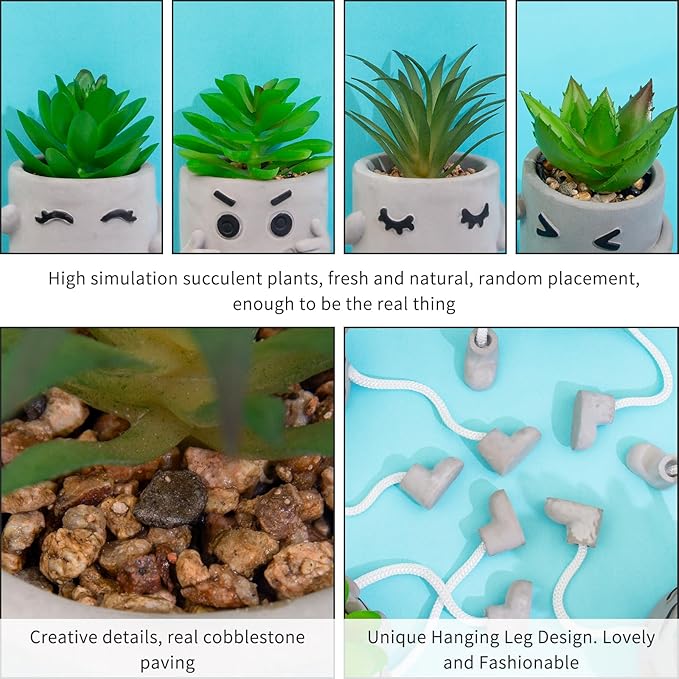 Set of 4 Small Faux Succulents in Cement Pots with Hanging Legs, Potted Mini Fake Plants for Desk, Office Cubicle, Kitchen, Bathroom, Wall Shelf Decor, Room & Bookshelf Ornament