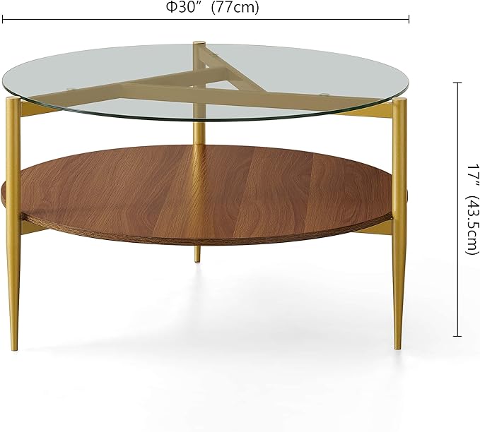 Round Coffee Table, Mid-Century Modern Design, D30*H17 inch, for Living Room, 2-Tier Structure, Clear Glass Top and Walnut MDF Shelf, Sleek Conical Metal Legs with Gold Finish