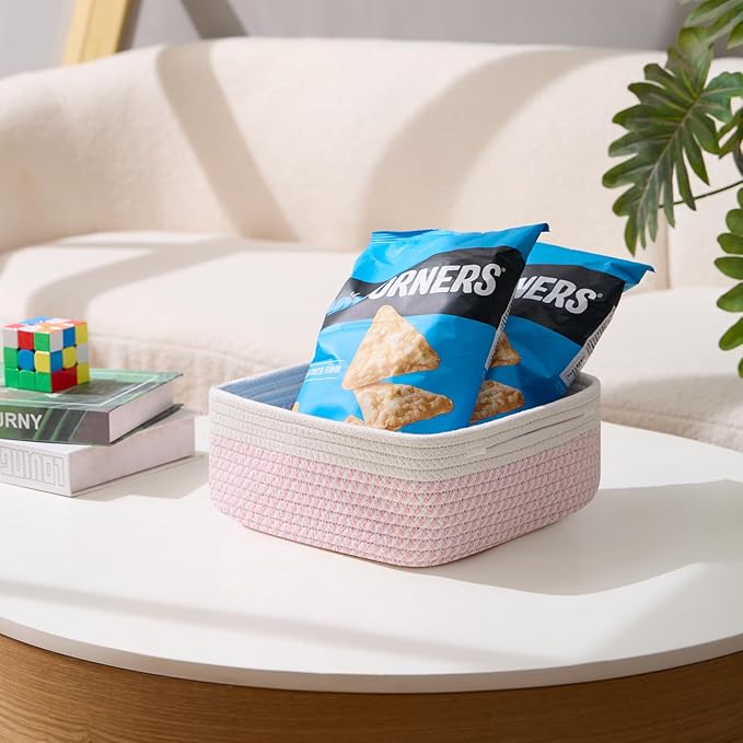 Small Square Shallow Baskets for Organizing, 9.7x9.7x4.3 Inch Rope Woven Storage Bins for Cubes Closet, Shelves Storage, Boho Decorative Basket, 2 Packs Off White Pink