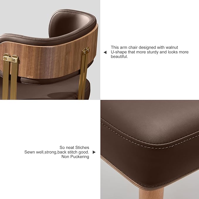 Modern Mid-Century Upholstered Leather Dining Chairs with High-Resilience Foam, Walnut Wood Veneer&Gold Metal Legs,Dining Chairs with Anti-Slip Pads,Dark Grey